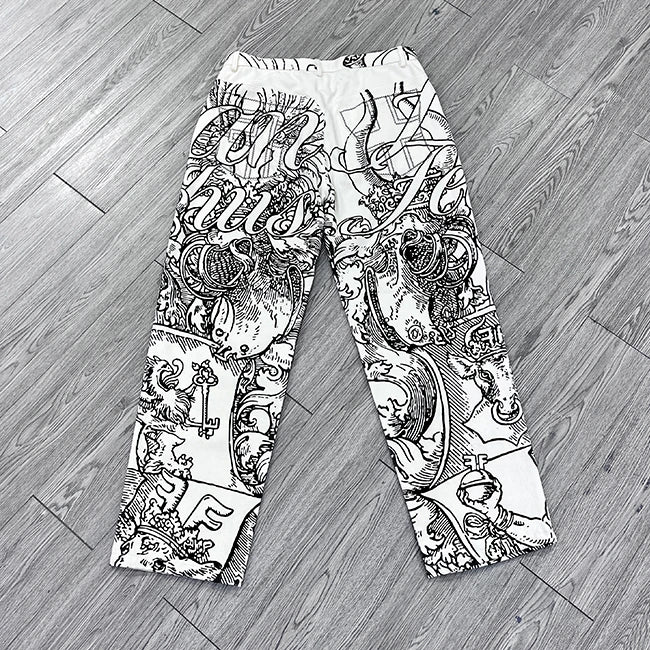 Custom Digital Printing Embroidery Patch Men's Streetwear Stylish  Sweatpants  Wide Leg Baggy Straight  Sweatpants