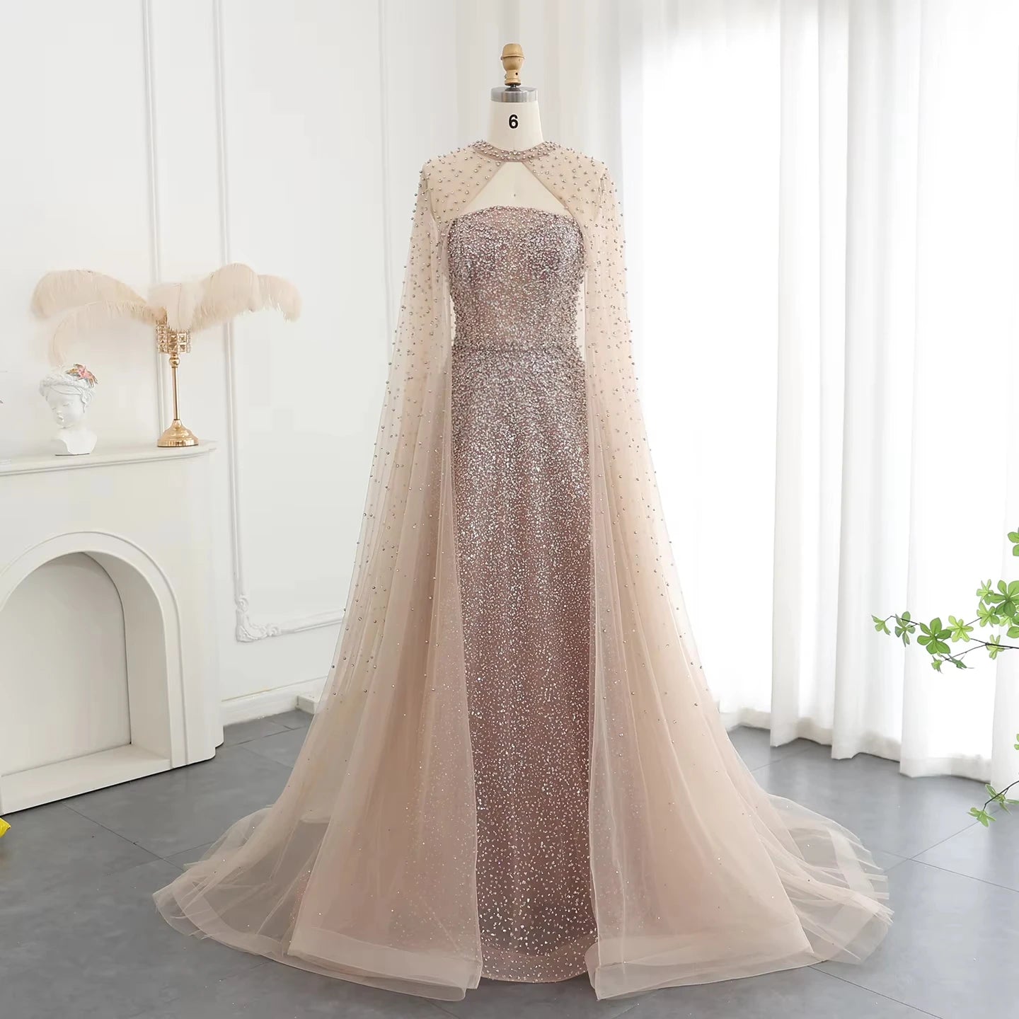 Jancember LSZ198 Luxury Pearls Beading A-line Women's Prom Dresses With Shawl