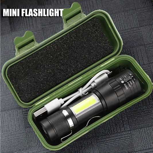 Mini linterna recargable por USB COB + XPE, portátil, con batería integrada, linterna pequeña con zoom, 3 modos, linter…
