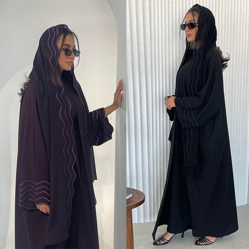 Best Selling Open Abaya Plus Size Black Embroidered Abaya With Headscarf Black Abaya Women Muslim Dress 2023 Dubai