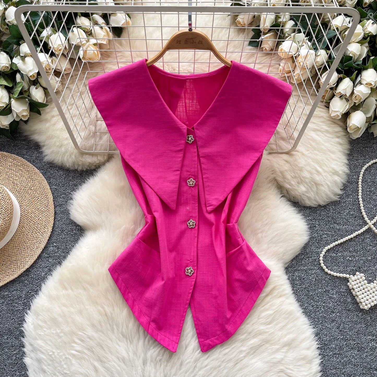 Summer SleevelessPeter Pan Collar Casual Blouses Women Shirts Ladies Casual Tops Clothes Women Wholesale
