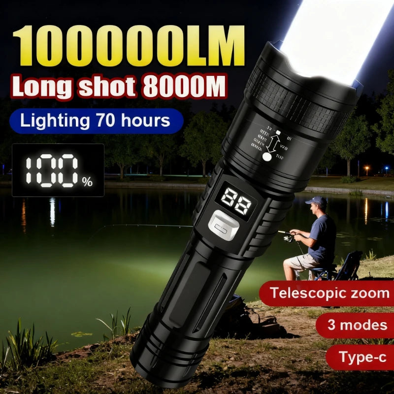 Linterna superbrillante de 100000LM, linterna LED recargable, lámpara táctica de largo alcance para exteriores, imperme…