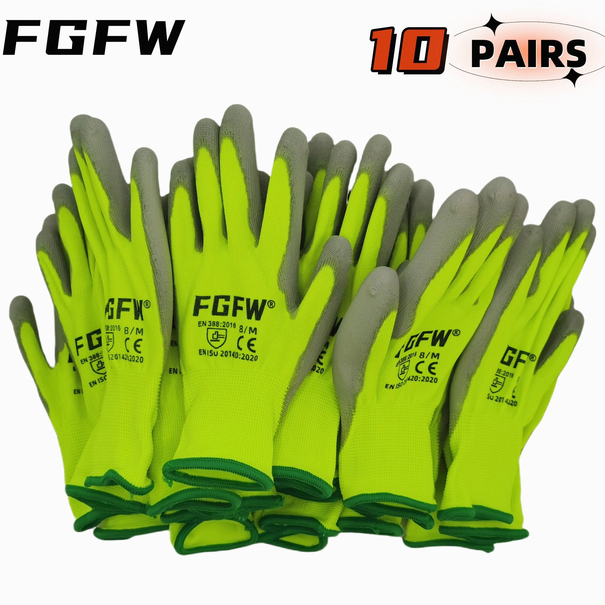 10 pares de guantes de trabajo recubiertos de PU: guantes de seguridad ligeros y duraderos con certificación EN 388/ISO…