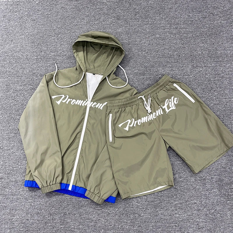 Custom logo Two Piece Short Set Streetwear Windbreaker Tracksuit Nylon Tracksuit Screen Print Zip up SportsTracksuit