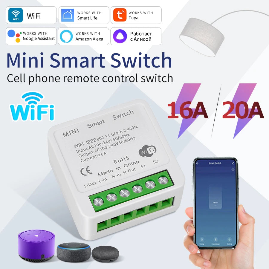 16A 20A Tuya WiFi interruptor inteligente Control bidireccional Mini interruptor inteligente funciona con Smart Life Al…