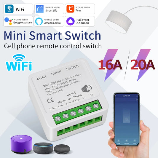16A 20A Tuya WiFi interruptor inteligente Control bidireccional Mini interruptor inteligente funciona con Smart Life Al…