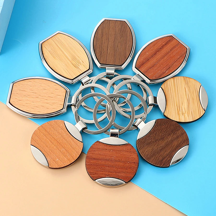 Wholesale Wood Laser Blanks Key Ring Custom Leather Wood Key Chain DIY Wooden Keychains for Business Gift