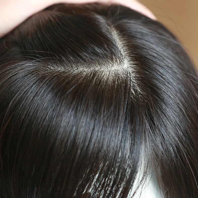Bald Women 100% Real Human Hair  Pieces Toupee Mujer Silk Top Flat Hair Topper Low Density Roots Silk Base Topper