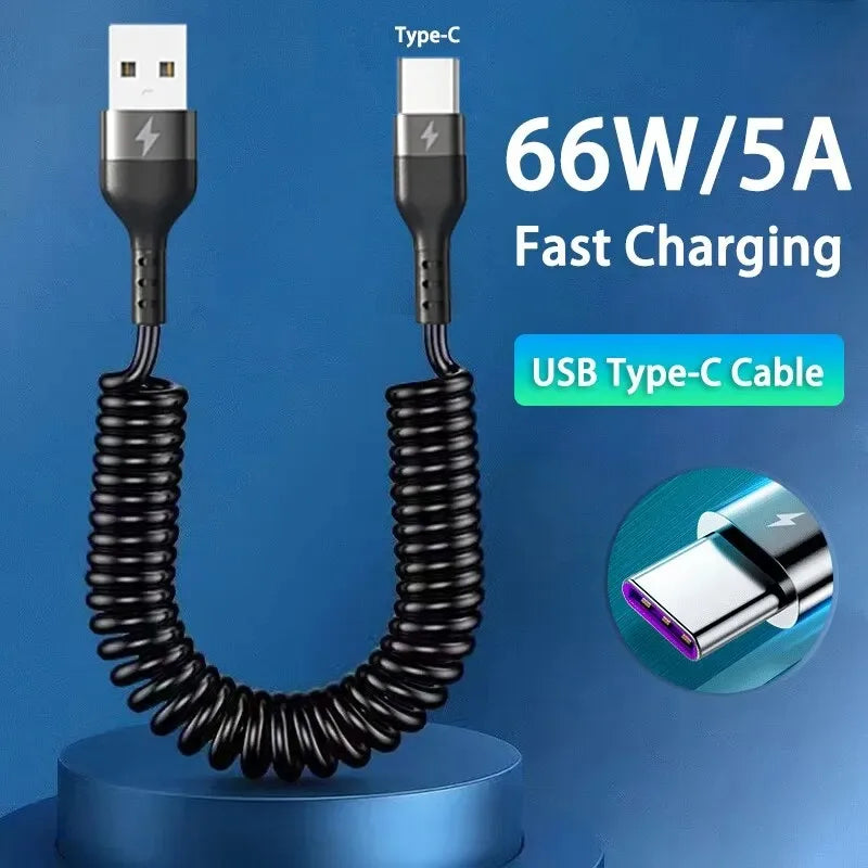 USB tipo C 66W coche 5A carga rápida tipo C a tipo C Cable telescópico de resorte para iPhone 15 Samsung Huawei Xiaomi…