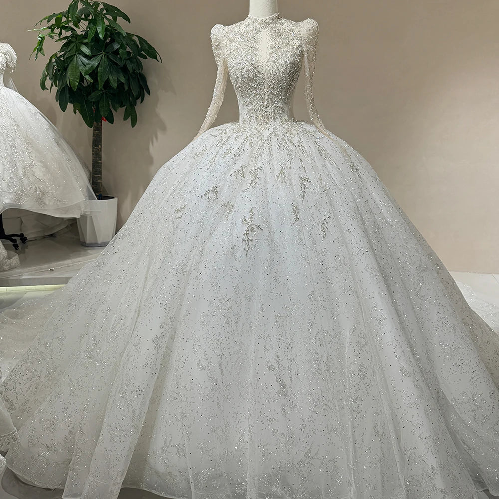 For Jancember DW0001 Luxury High Neck Ball Gown Wedding Dress Sequins Floor-Length Ruffles Pleats Natural Anti-Static Bridal