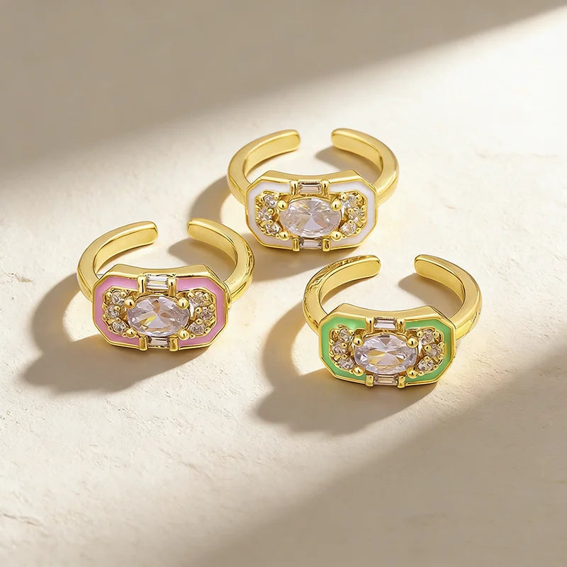 QIKU Luxury Rhinestone 5 Colors Oil Droplet Opening Adjustable Ring Copper Zirconia Jewelry Women Accessories Anniversary Gif