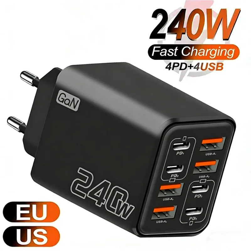 Cargador USB C GaN de 240W, 8 en 1, adaptador de corriente de carga rápida para iPhone, Samsung, Xiaomi, tipo C, enchuf…