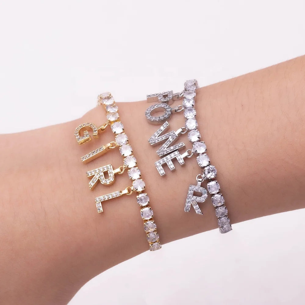 Luxury Trendy Initial Letter Tennis Bracelets Sparkling Cubic Zirconia Alphabet Charm Unisex Hip Hop Inspired Statement Jewelry