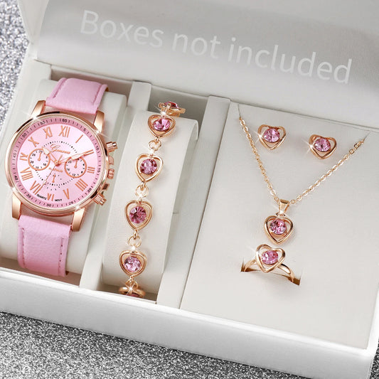 Reloj de cuarzo para mujer, pulsera de cuero, relojes de pulsera analógicos, conjunto de joyería con diamantes de imita…