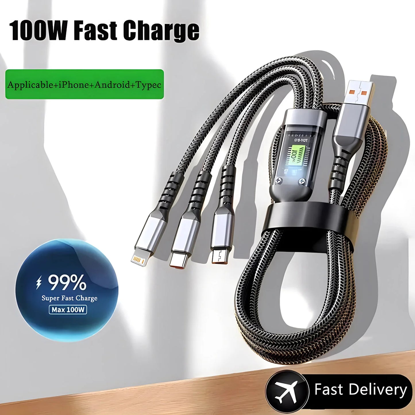 Cable de carga rápida de 100W, Cable cargador múltiple, nailon trenzado, USB múltiple, adaptador de Cable de carga Univ…