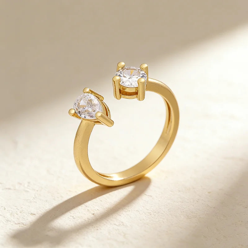 QIKU Luxury Shiny Rhinestone Adjustable Open Ring Women Gold Color Copper Zircon Inlay Crystal Jewelry Accessories Wedding Gi