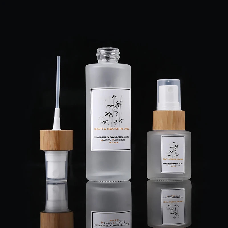 Cosmetic Glass Spray Bottle 1.7 Oz 50 Ml Empty Cosmetic Lotion Bamboo Collar Frosted Glass Bottle