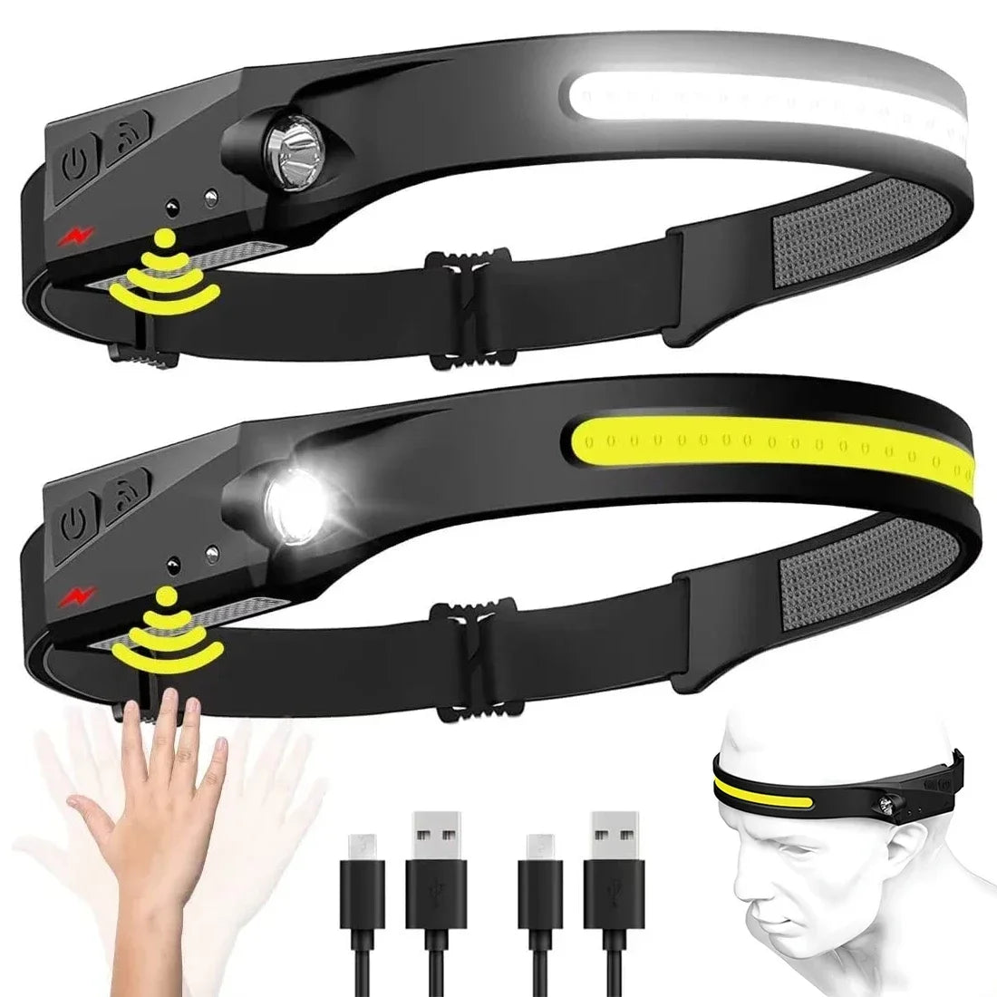 Linterna frontal LED de inducción para búsqueda de acampada, linterna frontal recargable por USB, luz de trabajo con ba…