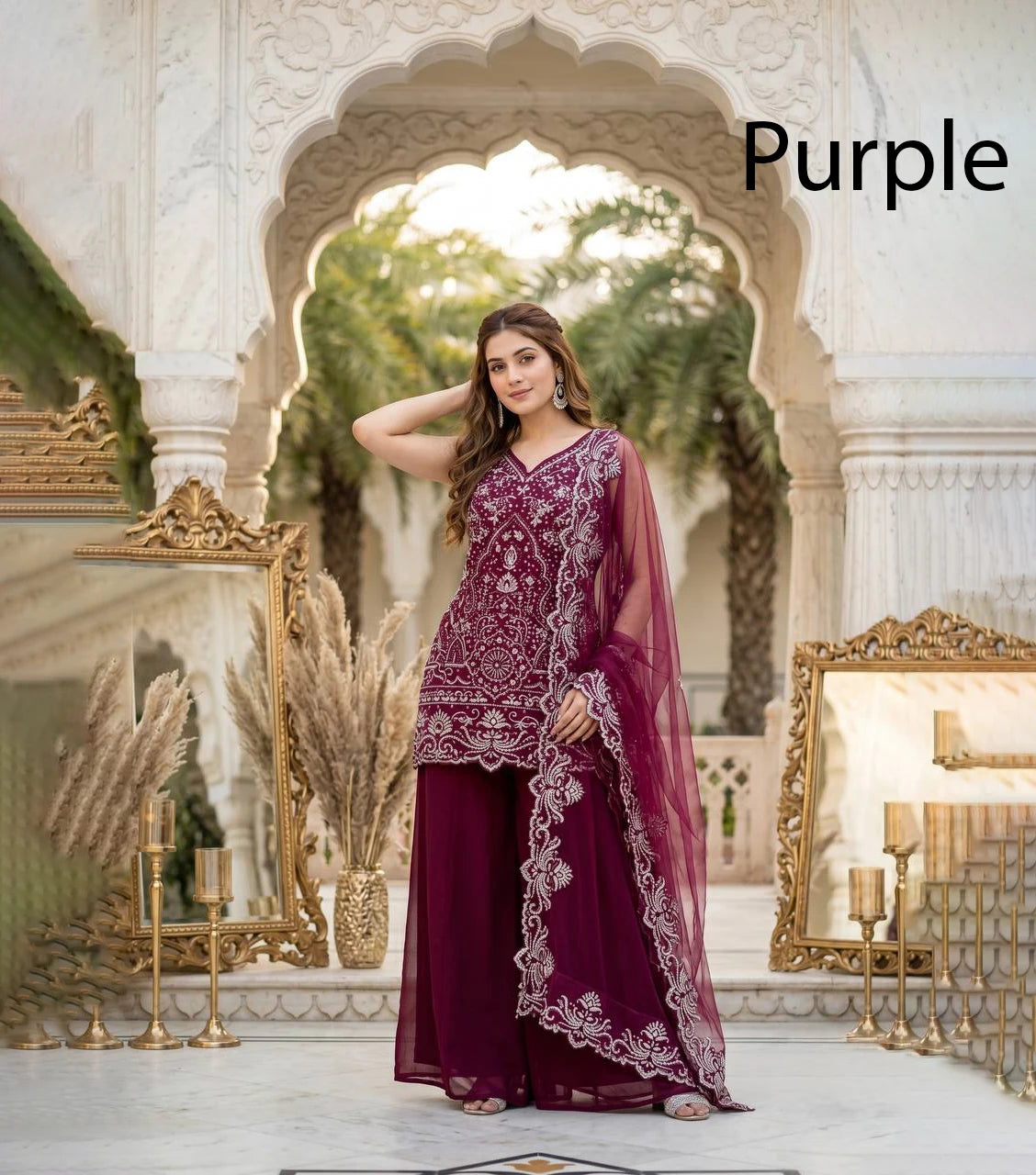 Wholesale Women's Red Georgette Salwar Kameez Sharara Suit Organza Dupatta Moti Work Reversible Winter Wedding Party Wear Custom