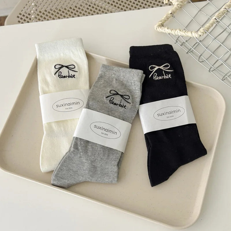 Japanese New Fashion Cute Embroidery Bows Socks Cozy Cotton Solid Color Elegance Women Socks