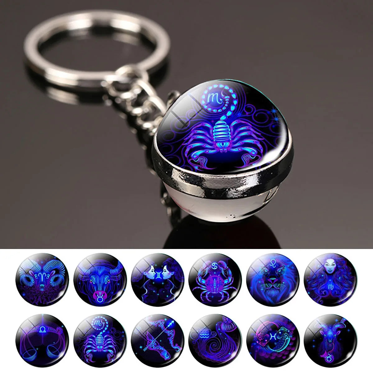 Llavero de 12 constelaciones, colgante luminoso de bola de cristal de doble cara, llavero de 12 zodiacos, regalo de cum…