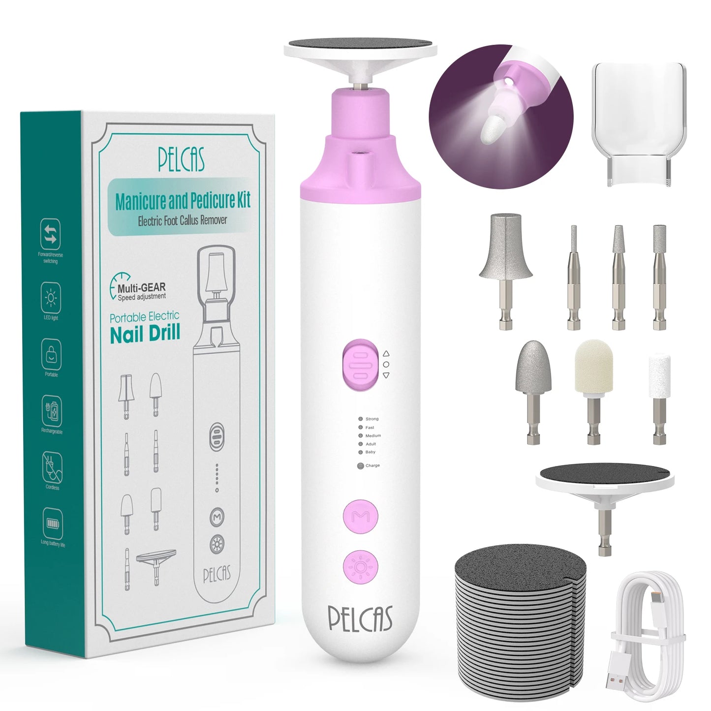 PELCAS Nail Drill Kit Cordless Electric Nail Drill Professional Kit 4500rpm E-File Nail Kit for Manicure Salon Home