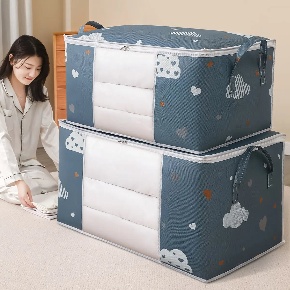Bolsa de almacenamiento de ropa de gran capacidad, organizador con asa reforzada, adecuado para mantas, ropa de cama, p…