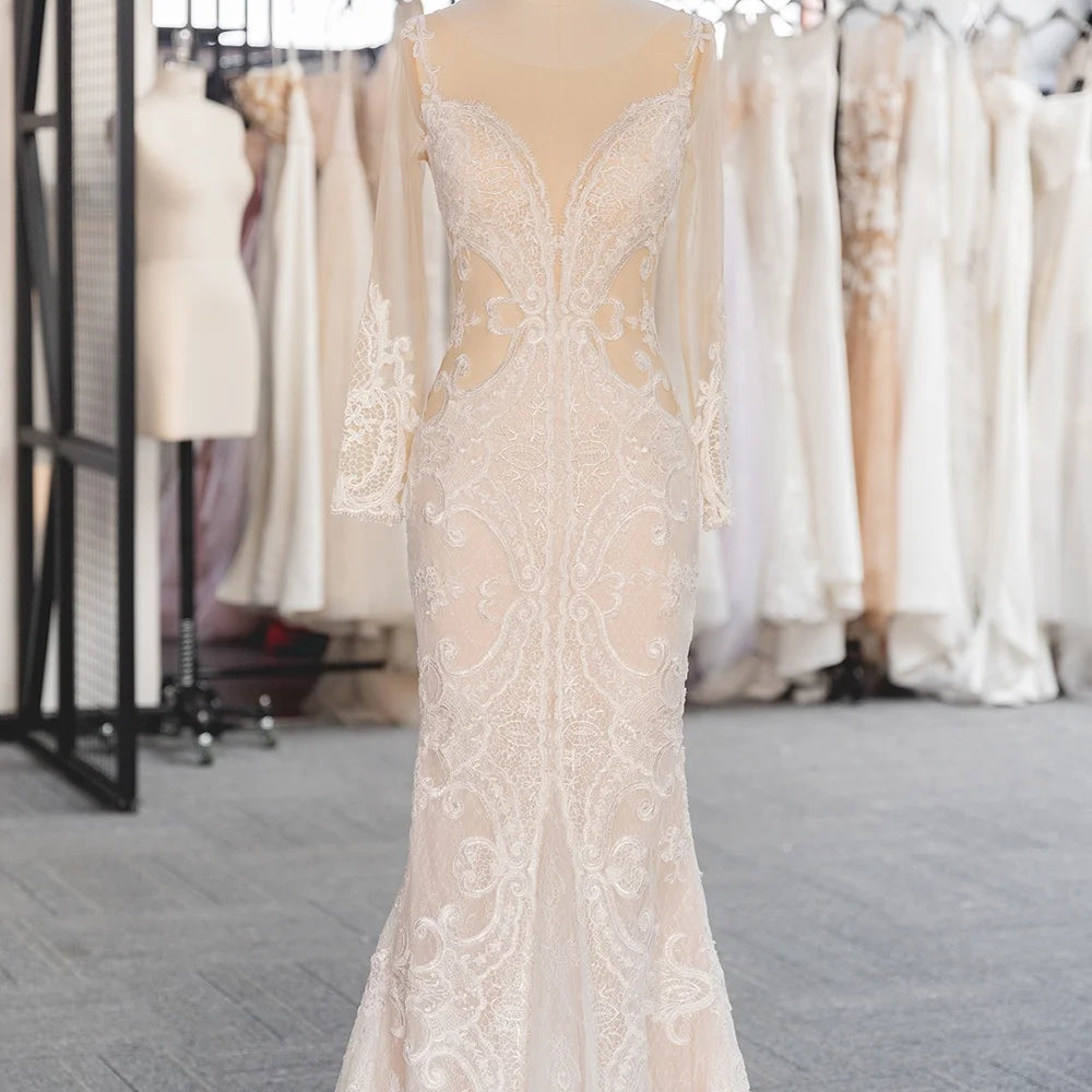Jancember LSSG040 Illusion Long Sleeve Bridal Wedding Gowns Dresses Mermaids