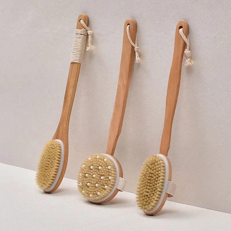 Free IANNA Custom Logo Wood  Body Cleansing Brush Hands Foot Cleansing Long Handle Shower Soft Pig Hair Brushes