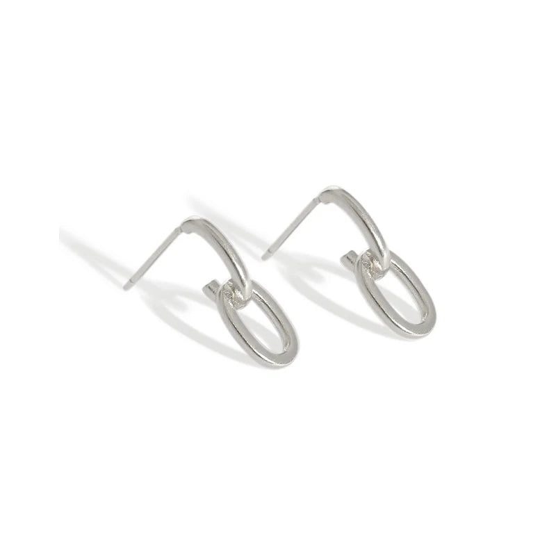 WMEB094 Sterling Silver Interlocking Oval Drop Earrings Matte Retro Double Link  Unisex Fine Studs Plain Silver Earrings