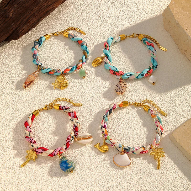 New European and American Ocean Style Colored Cloth Bracelet Shell Coconut Tree Stainless Steel Pendant Bracelets for Women