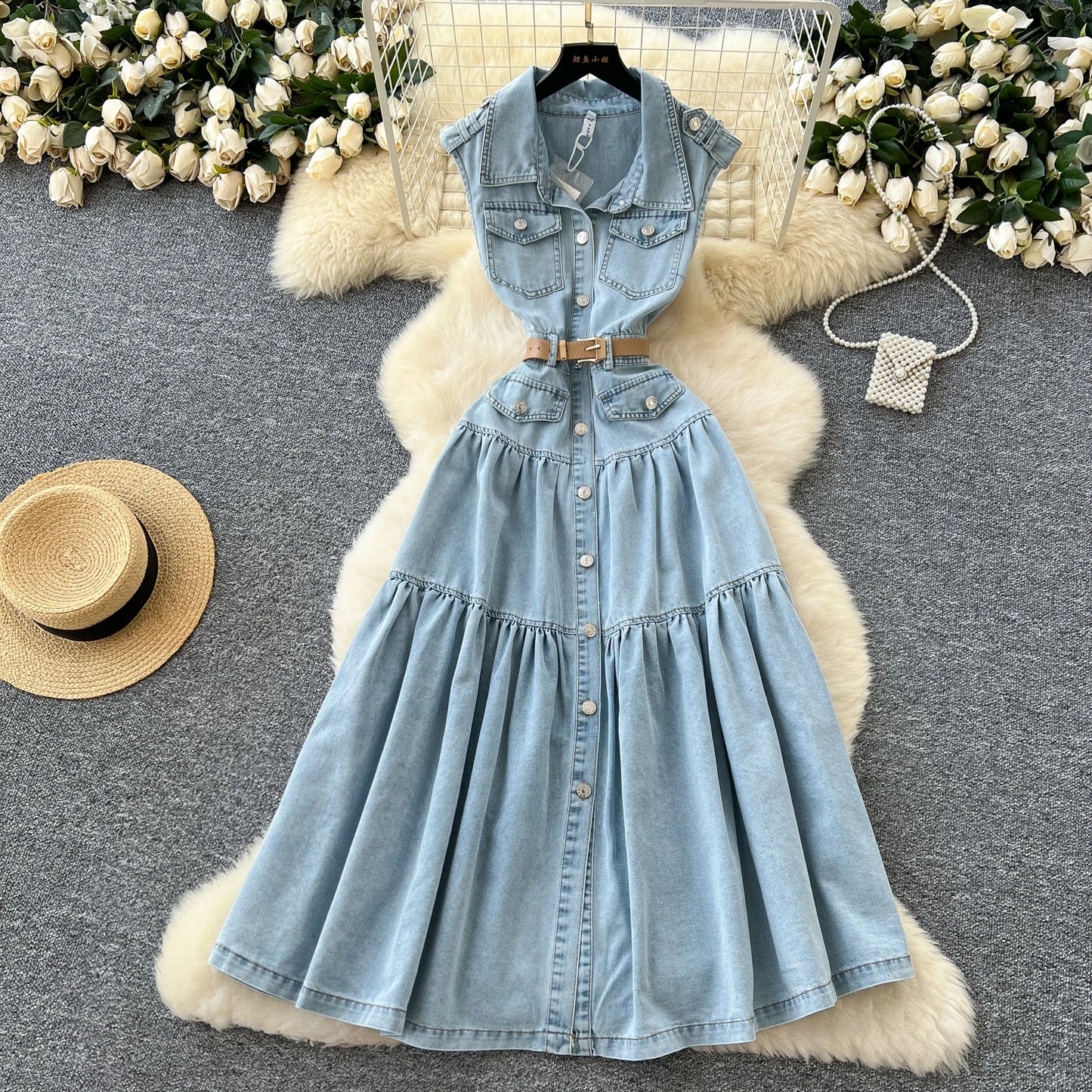 Summer Turn-down Collar Tunic Slim Pleated Midi Dress For Women Sleeveless Empire Denim Dress