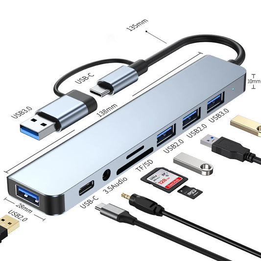 Base de Conexión USB + Tipo C 8 en 2 con Adaptador de Audio de 3.5 mm para Lector de Tarjetas Micro SD, Convertidor de…