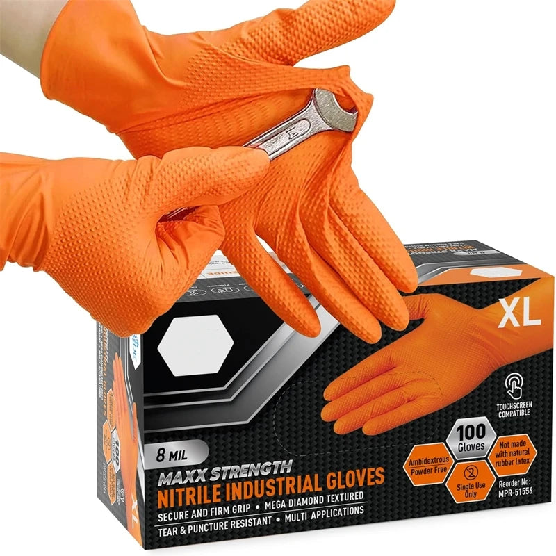 Guantes de nitrilo naranja de alta resistencia, guantes desechables industriales de 8 mil con agarre con textura de dia…