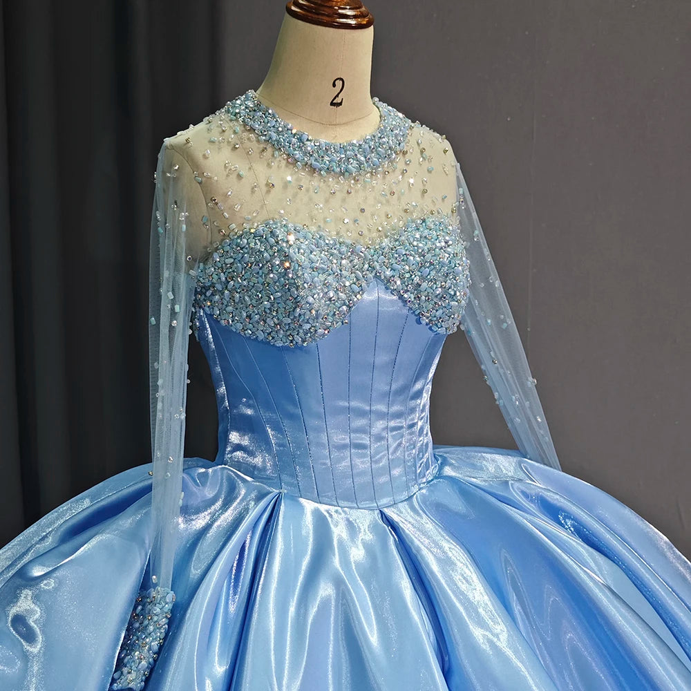 Jancember 1232 Crystal Long Sleeve Beading Baby Blue Evening Gowns Party Dresses