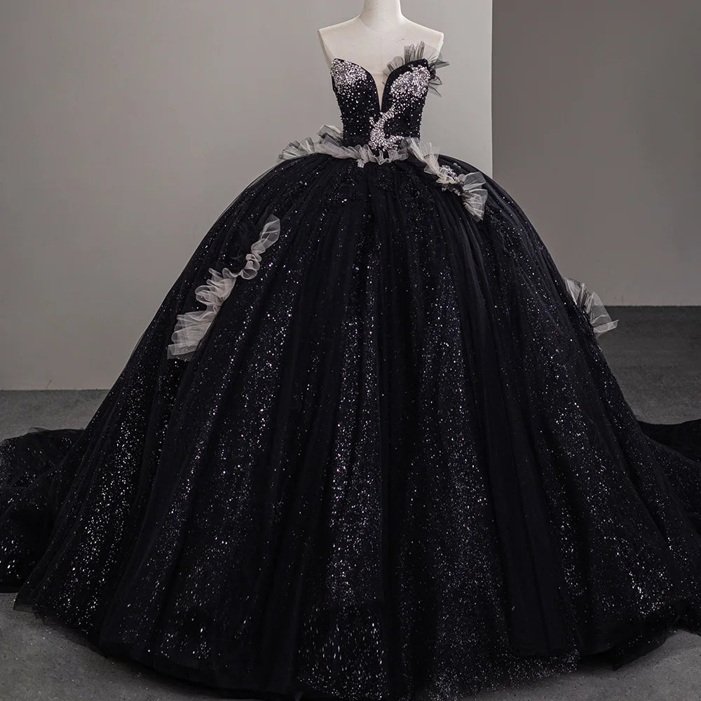 Jancember SFY49 Unique Black Glitter Sweetheart Evening Women's Puffy Dresses