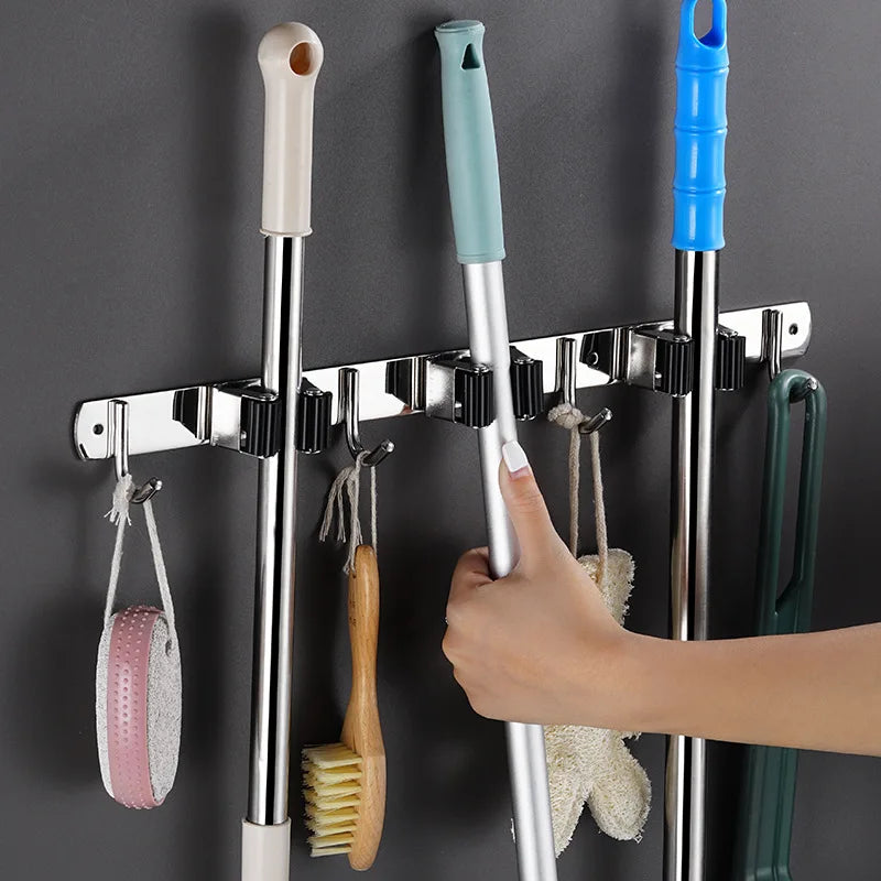 Household Flat Bathroom Organizer Hook Wall Mounted Stainless Steel Adhesive 4 Mop Broom Holder