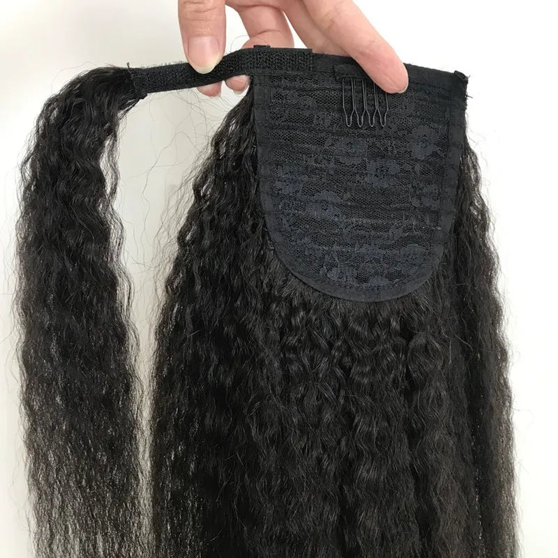 Wrap on Hair Ponytail with Clip and Magic Tape Tie Heat Resistant Kinky Straight