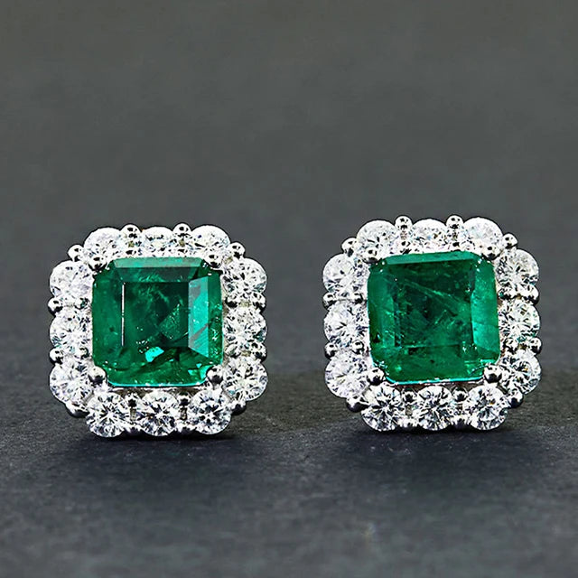 Luxury Female Emerald Green Square Zircon Sterling Silver Classic Stud Earrings for Wedding and Prom