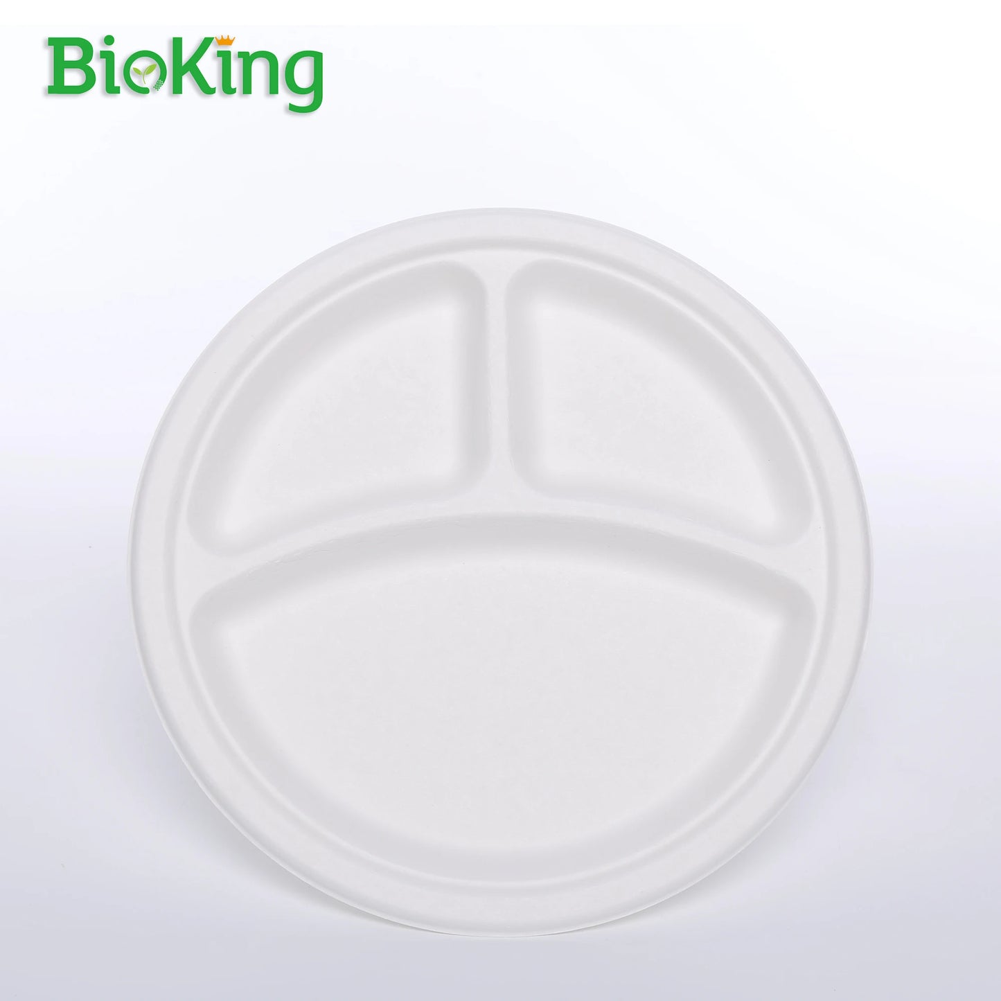 BioKing Biodegradable Compostable Disposable Round 3 Compartment Dishes Made From Sugarcane Bagasse Pulp