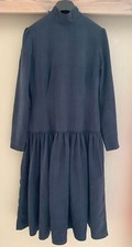 Mujer Hecho a Mano Diseño Ajuste y Acampanado Vestido Seda Gris Oscuro Azul Vestido Talla S