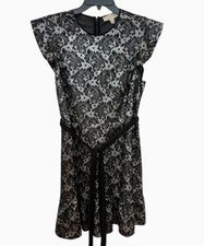 Vestido Michael Kors Mujer Grande Negro Plateado Encaje Look Brillante Vacaciones Volantes Nuevo con Etiquetas