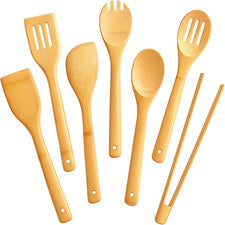 Juego de utensilios de cocina de bambú de 7 piezas, cucharas y espátulas de madera para cocina antiadherente
