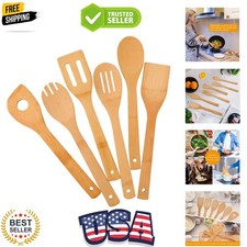 Utensilios de cocina de bambú, 6 piezas herramientas de espátula antiadherente con asas, resistente al calor...