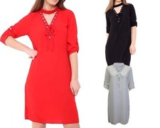Mujeres Damas Con cordones Ojales Gargantilla Cuello en V Gasa Mini Camisa Vestido Talla UK 8-14