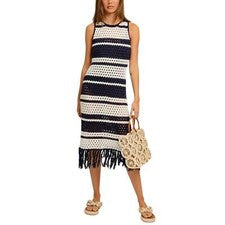 NUEVO CON ETIQUETAS LE LIS Vestido midi a rayas de mezcla de algodón con flecos de ganchillo para mujer Talla: S, M