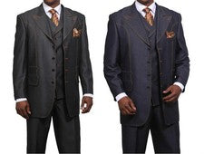Traje de hombre de moda de aspecto de mezclilla de lana con chaleco con cuello negro/azul marino 38~60