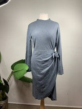 Nuevo Vestido Midi Collective Concepts Para Mujer Talla L Azul Nudo Frontal Tejido Cepillado