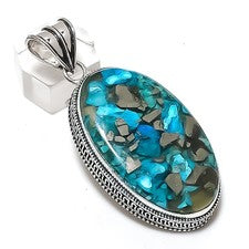 Colgante de joyería de plata de ley 925 con piedras preciosas dobles turquesa pirita 2,44" s479
