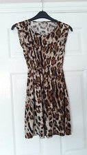 VESTIDO ELÁSTICO SIN MANGAS ESTAMPADO ANIMAL MARRÓN MODA MUJER UK S 32" PECHO NUEVO CON ETIQUETAS